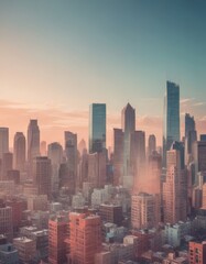 A panoramic view of a city skyline at sunset, with a hazy, warm-toned sky and the silhouettes of tall buildings against the fading light.