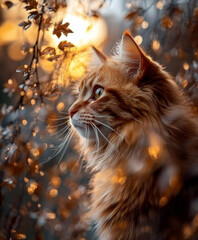 Cat playing with autumn leaves. AI generative.