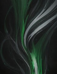 a striking abstract composition of green and black lines and shapes, creating a sense of movement and energy.