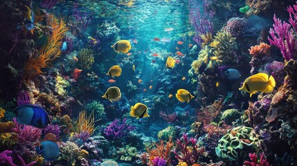 Obraz premium A school of colorful tropical fish swimming together in a coral reef, surrounded by vibrant sea plants.