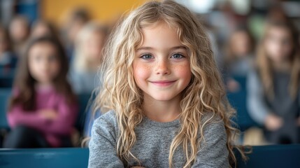 Young girl smiling confidently while seated in a classroom full of peers during an educational event