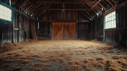 Empty barn with worn wooden walls and hay scattered on the floor, evoking a nostalgic, farm-like feel.