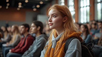 Young woman listening attentively during a university lecture in a bright classroom filled with engaged students