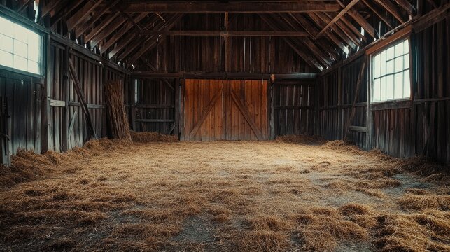 Empty barn with worn wooden walls and hay scattered on the floor, evoking a nostalgic, farm-like feel.