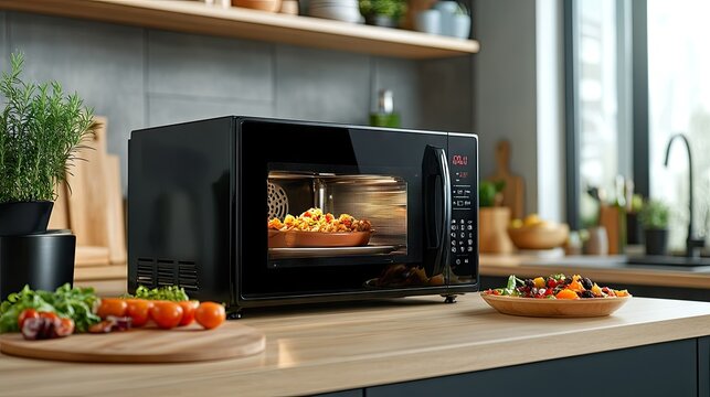 A sleek microwave oven in a modern kitchen, displaying its digital timer as food heats up inside.