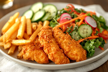 a plate of crispy, golden chicken tenders and seasoned fries. AI generative.