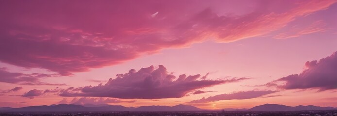 Naklejka premium A breathtaking sunset over a cityscape, with vibrant pink and purple hues in the sky and silhouetted mountains in the distance.