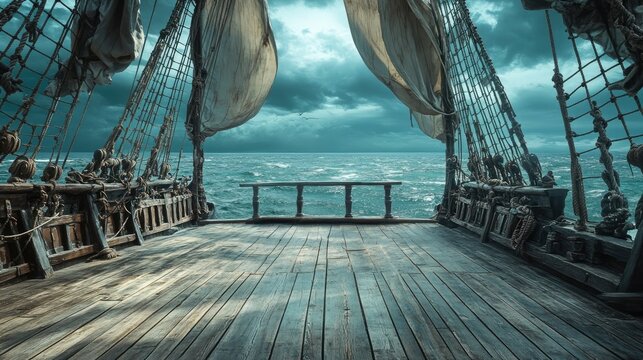 Empty pirate ship deck scene with billowing sails, ropes, and wooden planks, against a cinematic, stormy background for stage use.