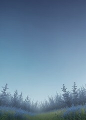 A serene landscape with a field of tall grass and a forest of pine trees, set against a clear blue sky.