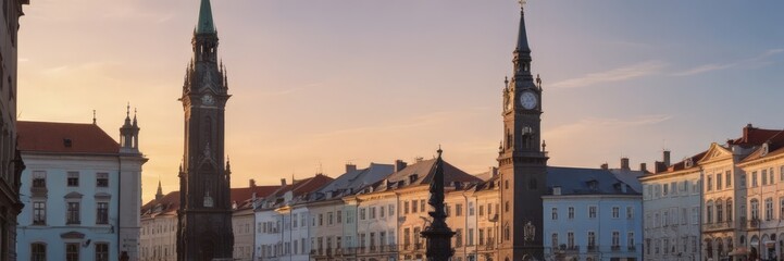 the historic Old Town Square in Prague, Czech Republic, with the iconic St. Mary's Basilica and the clock tower of the Old Town Hall prominently featured against a backdrop of