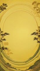 Obraz premium a vibrant yellow background with a central oval shape, surrounded by a border of green and brown leaves and branches. The leaves and branches are arranged in a