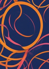 a vibrant abstract composition of overlapping orange and pink curved lines against a deep blue background.