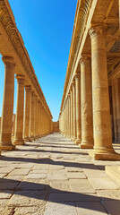 Obraz premium A grand stone temple features long rows of intricately carved columns, showcasing ancient architecture under clear blue sky. sunlight casts beautiful shadows, enhancing majestic atmosphere