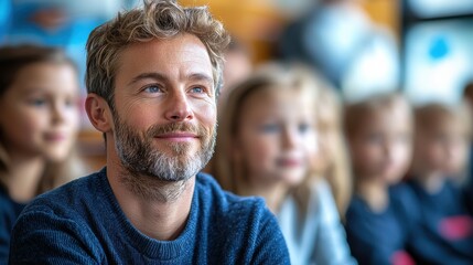 Obraz premium A man smiles while watching children during a classroom activity at a local school in the morning