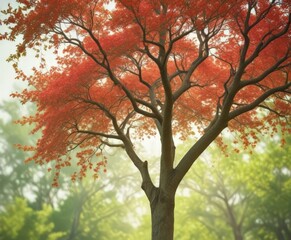 A tree with vibrant red leaves stands in a lush green forest, its branches reaching out against a hazy, soft-focus background.