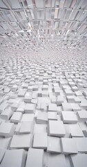 Fototapeta premium a 3D of a white cube pattern, with the cubes arranged in a grid-like pattern and reflecting light from above, creating a visually striking and geometric design.