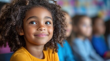 A young girl with curly hair smiles while attending a classroom event with classmates in a colorful learning environment