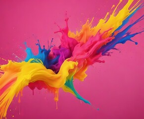 Obraz premium a vibrant splash of paint in various colors, including yellow, blue, pink, and purple, against a solid pink background.