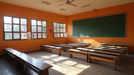 Bright classroom with wooden benches and chalkboard, showcasing a peaceful learning environment in the afternoon light