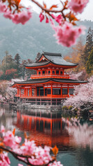 Fototapeta premium A serene Japanese Shinto temple stands gracefully by tranquil lake, surrounded by vibrant cherry blossoms. reflection in water enhances beauty of this picturesque scene