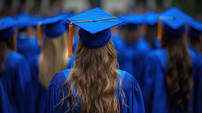 Graduates in blue caps and gowns awaiting their ceremony at a university campus during commencement in spring