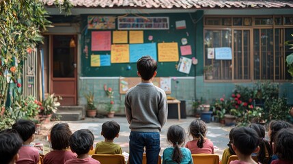 Children engaging in a classroom activity in a vibrant outdoor setting during a sunny day