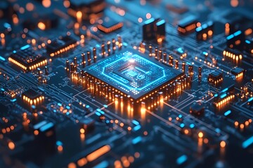 Obraz premium High-tech chip circuit board with glowing lights, close-up view of the main processor on an intricate motherboard background.