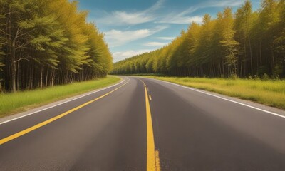 A winding road through a forest of tall trees with yellow leaves, set against a clear blue sky.