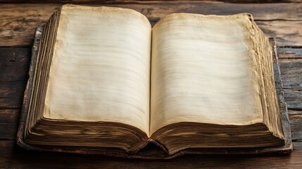 close up of a open book with blank pages on a desk, over view