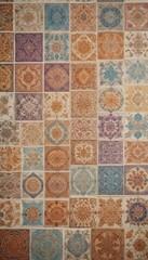 a grid of square tiles with intricate floral and geometric patterns in various shades of brown, orange, and blue.