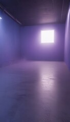 A dimly lit room with a single light source, creating a purple and blue ambiance.