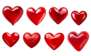 Eight shiny red heart shapes of various sizes, perfect for Valentine's Day, love themes, and romantic designs.