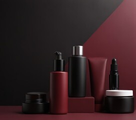 Obraz premium A collection of five cosmetic products, including a red pump, a black bottle, a black tube, a black jar, and a white jar, arranged on a maroon background.