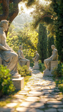 A serene scene of Stoic philosophers in tranquil garden, surrounded by lush greenery and soft sunlight. statues evoke sense of calm and reflection, inviting contemplation
