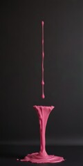 A pink paint splatter is suspended in mid-air, creating a dynamic and visually striking effect against a dark background.