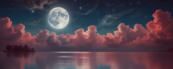 A serene night scene with a full moon illuminating a calm body of water, surrounded by pink and red clouds, and a small island in the distance.