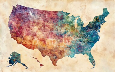 Artistic, colorful map of the United States, Alaska and Hawaii. Abstract watercolor painting showing geographical boundaries.