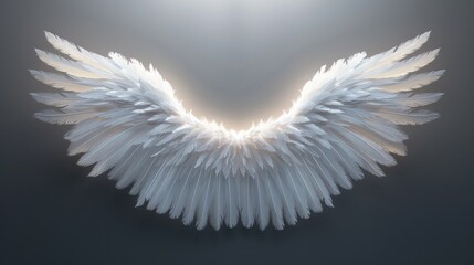 White realistic angel wings with glowing halo on transparent background.