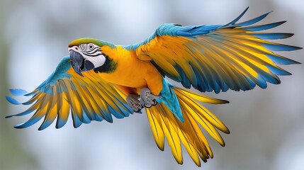Flying parrot. Colorful Parrot Soaring Through the Sky. A vibrant blue and yellow parrot in mid-flight with wings spread wide, soaring through a soft sky background.