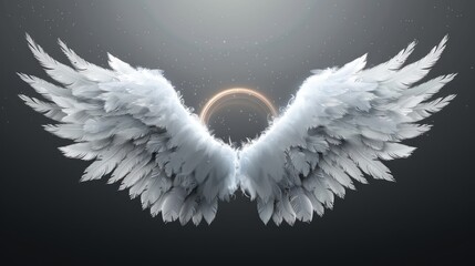 White realistic angel wings with glowing halo on transparent background.