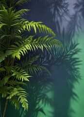 a close-up view of a lush, green fern plant with its fronds spread out, set against a dark background with a subtle greenish tint.