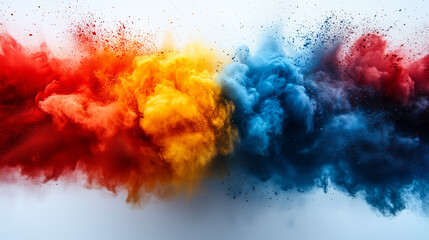 Fototapeta premium colorful powder explosion on white background. vibrant clouds of red, yellow, and blue powder exploding against a white background, creating a dynamic and energetic scene. ideal for themes related to 