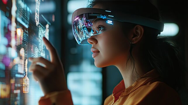 A woman wearing augmented reality glasses, interacting with digital objects projected in her real-world environment.