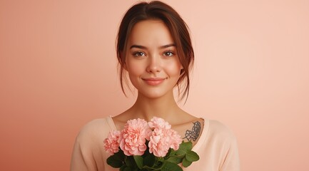 Young woman smiling while holding pink flowers against a peach background, radiating joy and warmth.