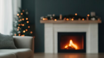 Cozy winter scene with a fireplace and holiday decorations with warm, inviting tones