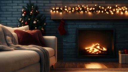 Cozy winter scene with a fireplace and holiday decorations with warm, inviting tones