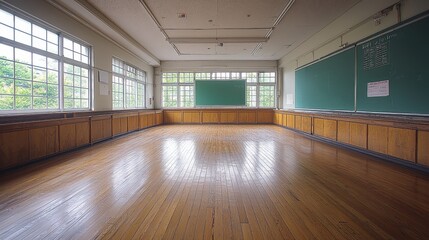 Bright, spacious classroom with large windows and wooden flooring, ideal for learning and creativity during daylight hours