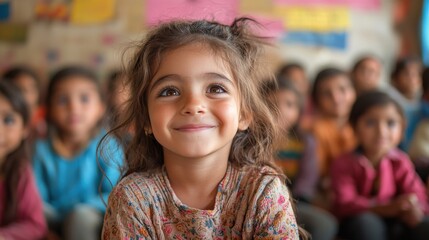 Fototapeta premium Smiling young girl in colorful classroom surrounded by peers during an engaging learning activity in a warm, cheerful environment