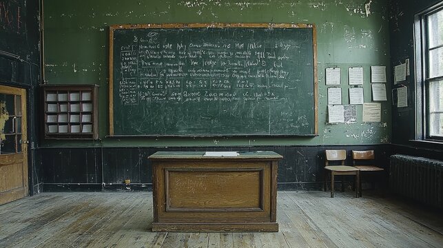 A deserted classroom showcasing worn chalkboard, wooden desks, and aged walls in an abandoned school setting - Powered by Adobe