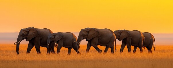 A herd of elephants walking across the African savannah during golden hour